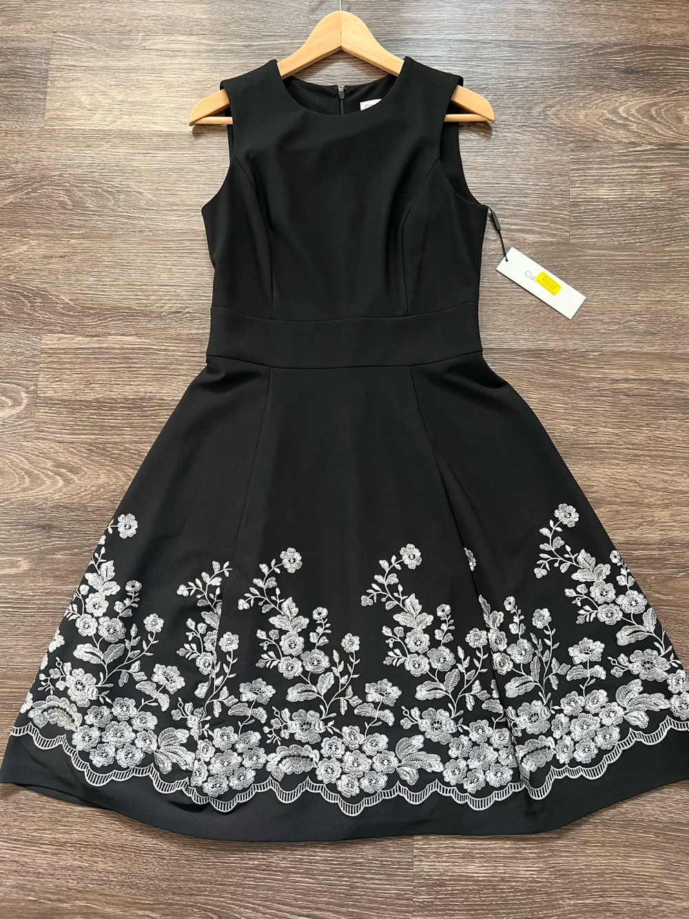Calvin Klein Embroidered Skirt Fit & Flare Midi Dress Black Silver NWT Size 6